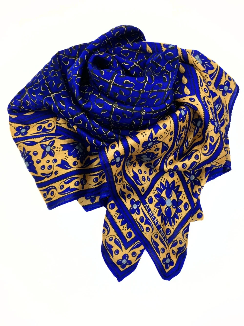 Vintage Albert Nipon 100% Silk Scarf Blue Gold Floral Hand Rolled 34x32